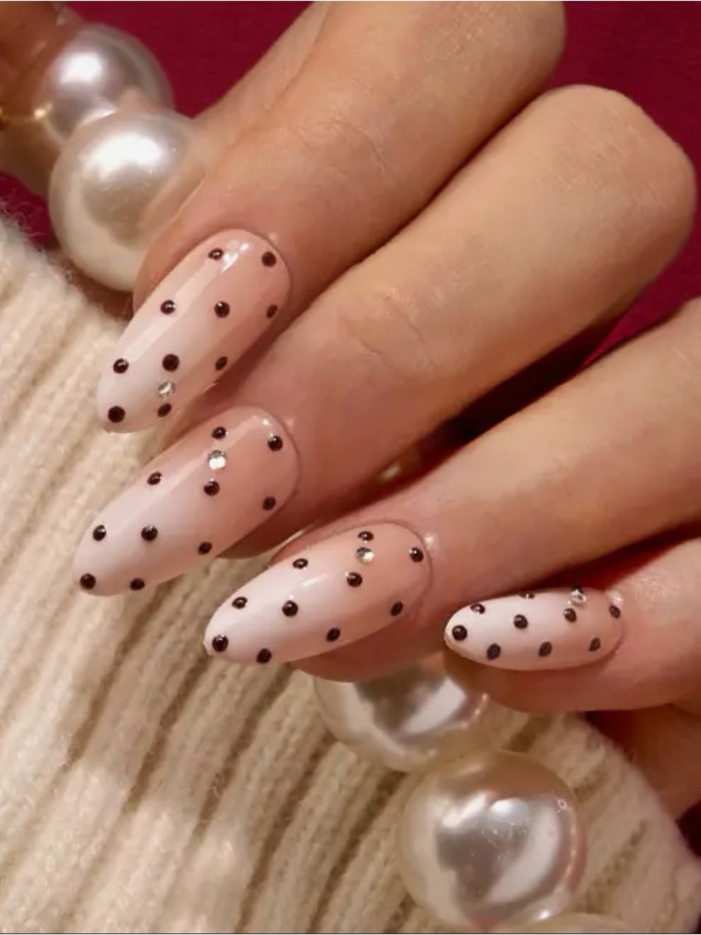A419. BTArtbox Nude Pink Polka Dot Almond Nails  Crystal Accents